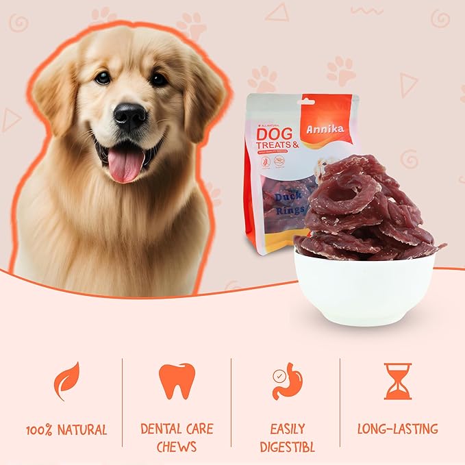Annika Duck Jerky Rings – High Protein Natural Duck Chews with Taurine, Rawhide-Free Soft & Chewy Training Snacks for Small to Large Dogs, 11.60 oz