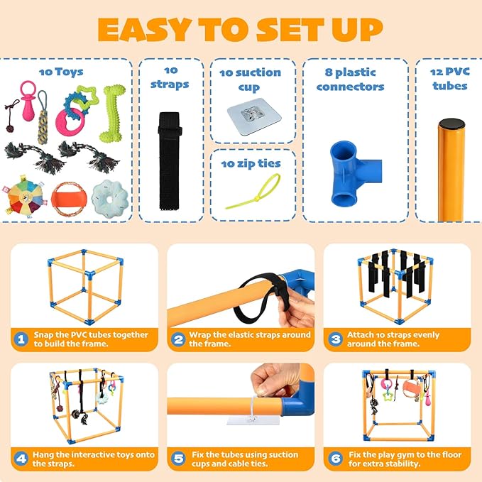 Puppy Play Gym with 10 Hanging Toys, 19.5" PVC Removable Dog Enrichment Playground, Interactive Indoor Training Activity Center for Small Dogs & Puppies with Rubber/Teething/Rope/Squeaky Toys