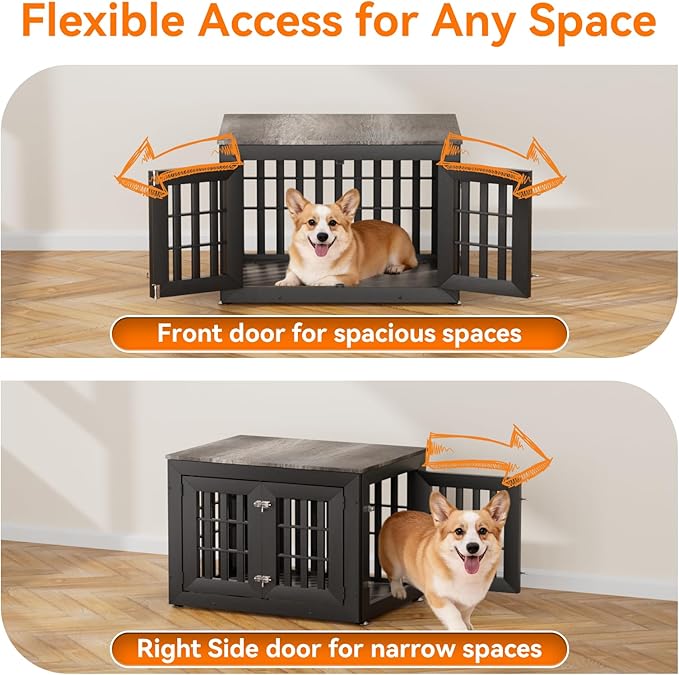 Snuowu 32" Heavy-Duty Dog Crate Furniture for Small/Medium Dogs, Rustic Wooden Dog Cage Kennel Indoor Furniture, Decorative Pet House End Table, Black & Grey