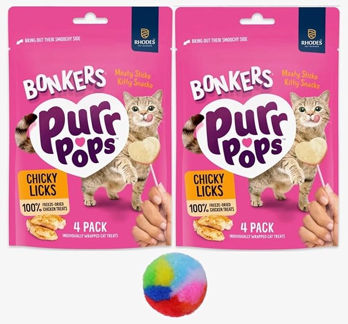Bonkers Purrpops Chicky Licks Chicken Flavor Lollipop Freeze-Dried Cat Treats, 2 Packs with 1 Cat Pom Pom Balls Toy
