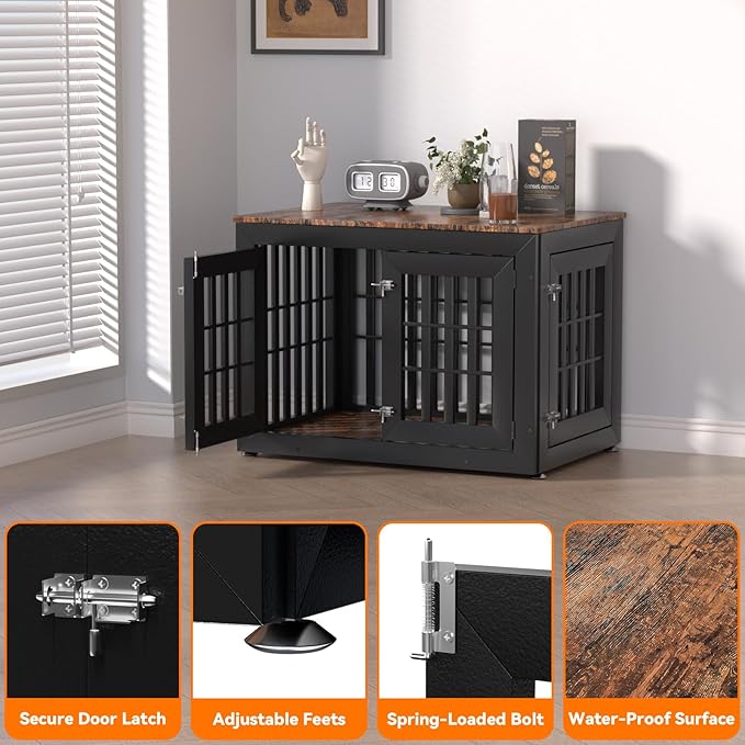 Snuowu 38" Heavy-Duty Dog Crate Furniture for Large/Medium Dogs, Rustic Wooden Dog Cage Kennel Indoor Furniture, Decorative Pet House End Table, Black & Wood