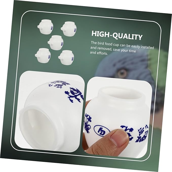VOSAREA 5pcs Small Round Parrot Food Bowl Set with Blue and White Porcelain Pattern Bird Water Cup Bird Cage Feeder for Cockatiel Parakeet Pet Supplies