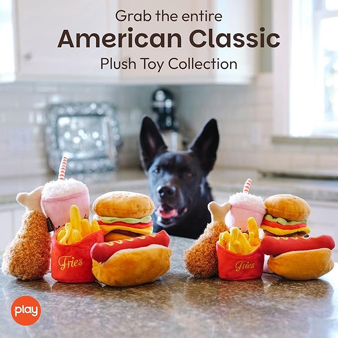 P.L.A.Y. PET LIFESTYLE AND YOU Cute Plush Dog Toys - Fast Food Themed Durable Squeaker Chew Toys for Medium & Large Dogs - Machine Washable, Recycled Materials (5 Piece Set, Medium)