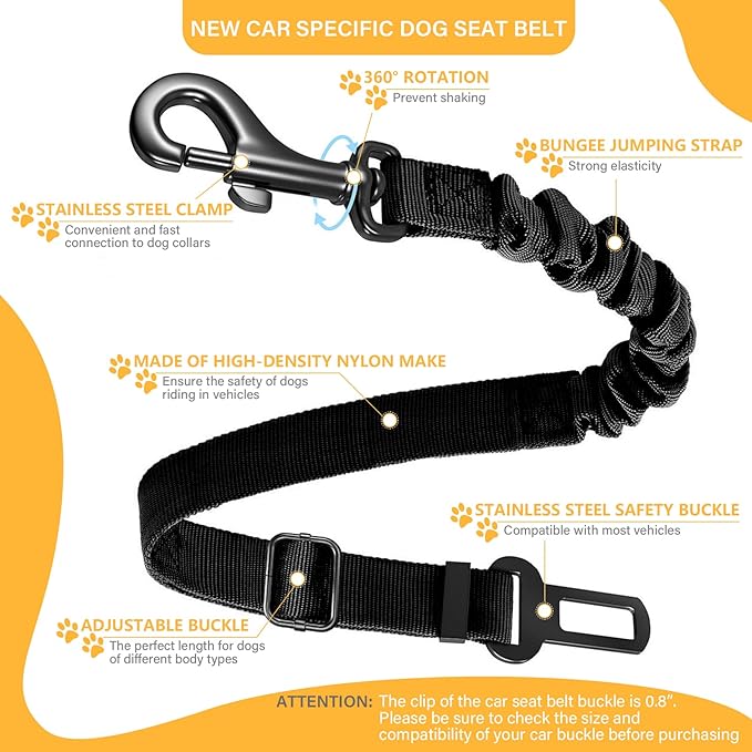 Dog Seat Belt Retractable Dog Car Harness 2 Pack Adjustable Elastic Bungee Buffer Heavy Duty & Durable & 360 Degree Swivel.