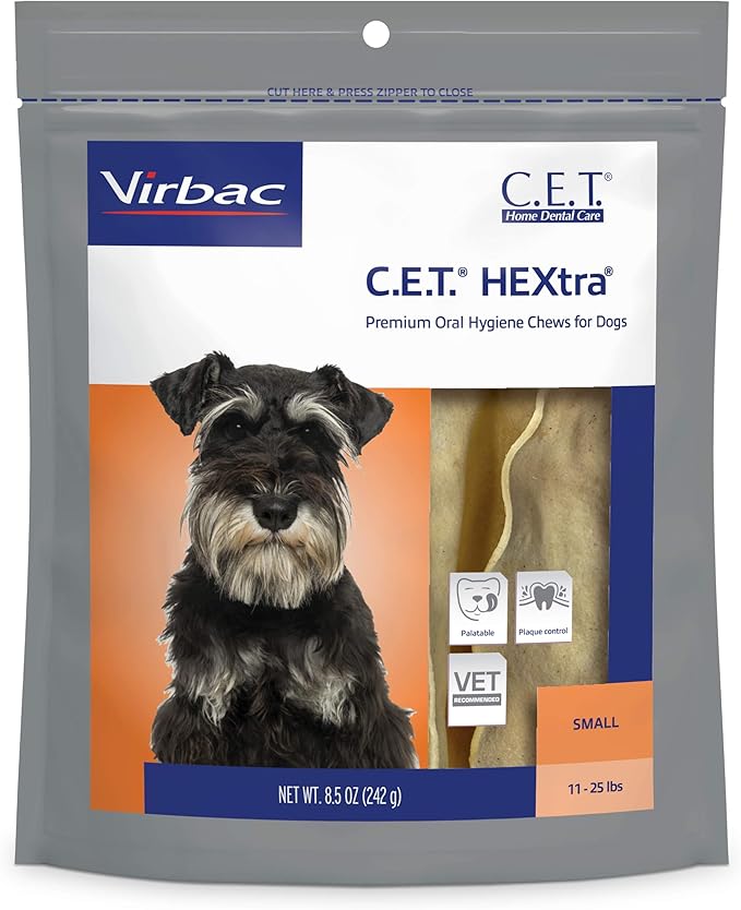 Virbac C.E.T.® HEXTRA® Premium Oral Hygiene Chews for Dogs, Rawhide Coated to Fight Bacteria and Reduce Plaque and Tartar, 11-25 lbs