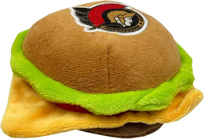 Pets First NHL Ottawa Senators Crinkle Fine Plush Dog & Cat Squeak Toy - Cutest STADIUM HAMBURGER Plush Toy for Dogs & Cats with INNER SQUEAKER & Beautiful Hockey Team Name/Logo