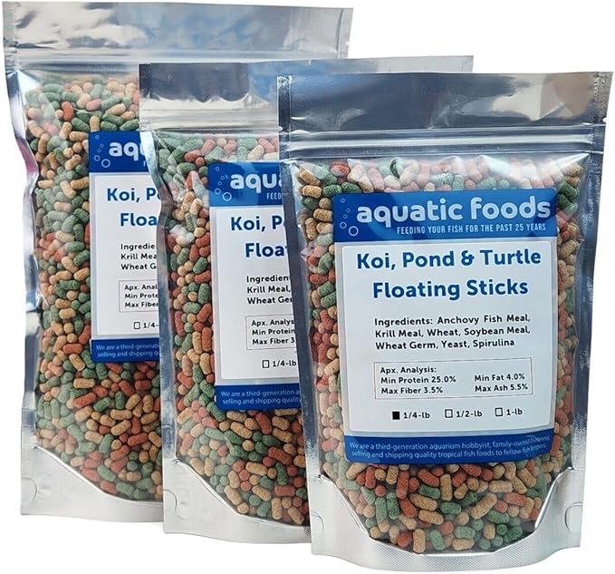 Koi, Pond & Turtle 7/16" x 5/32" 25% Protein Floating Sticks. Spirulina, Color Enhancing & Wheat Germ Sticks for Koi, All Pond Fish, Aquatic Turtles...WL…2-lbs Poly Bag