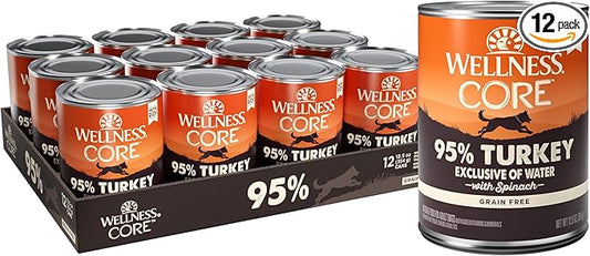 Wellness CORE 95% Adult Canned Wet Dog Food, Grain Free, Natural, Turkey with Spinach Recipe, 12.5 oz, Pack of 12 Cans
