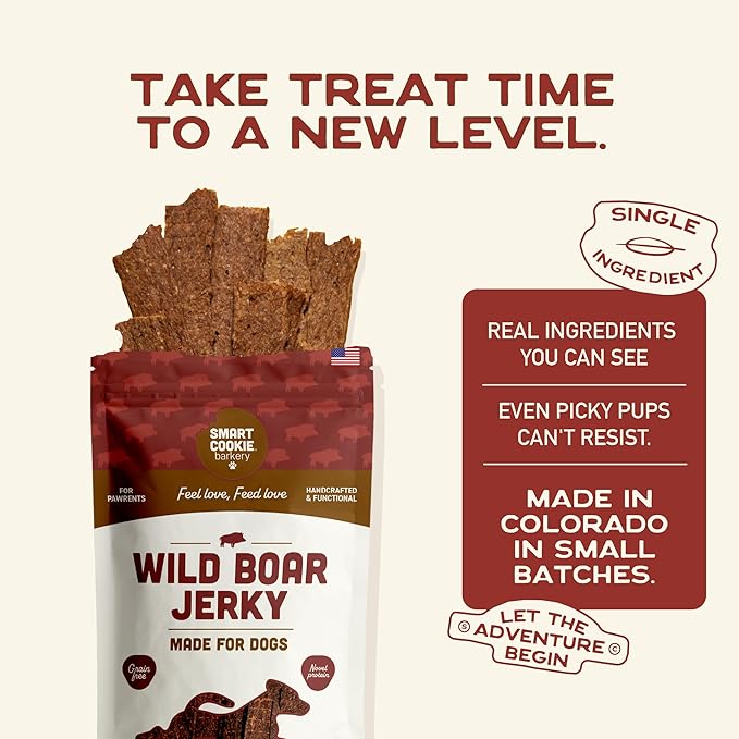 Smart Cookie 100% Wild Boar Jerky Dog Treats - Single Ingredient Hypoallergenic Training Treats for Dogs and Puppies with Sensitive Stomachs - 100% Boar Meat, Grain Free, Made in USA - 3oz (3 Pack)