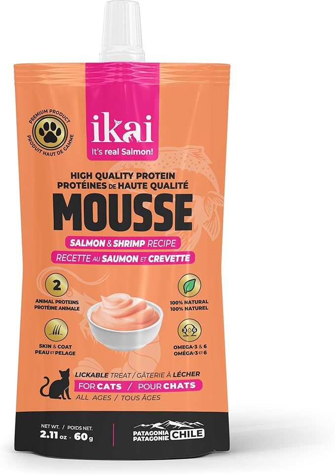 IKAI - Lickable Wet Cat Treats - Patagonian Salmon from Chile, No By-Products, Highly Digestible Protein, with Omega 3 & 6 for Healthy Skin & Glossy Coat - 2.11 oz (1 Pack, Salmon & Shrimp)