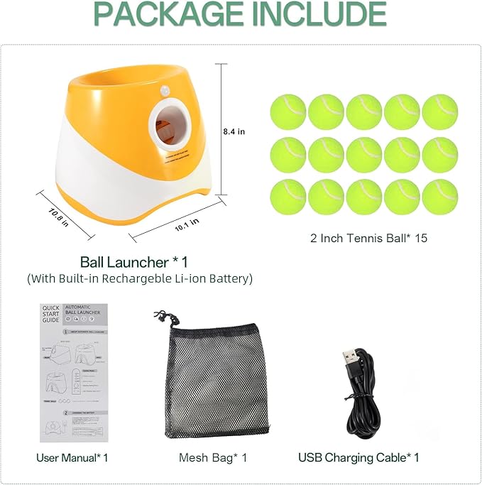 MEKAPLE Automatic Dog Ball Launcher, Dog Ball Thrower with 15 Mini Tennis Balls Sizing 2 Inch and Mesh Bag, Interactive Dogs Toys Tennis Balls Launcher for Small Dogs with 3 Distance Settings