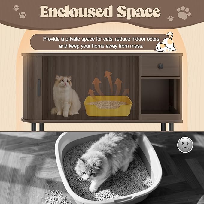 37.4" Cat Litter Box Enclosure Furniture with Sliding Door, Hidden Cat House with Drawer, Charging Station, Indoor Cats Cabinet TV Stand End Table for Living Room, Brown