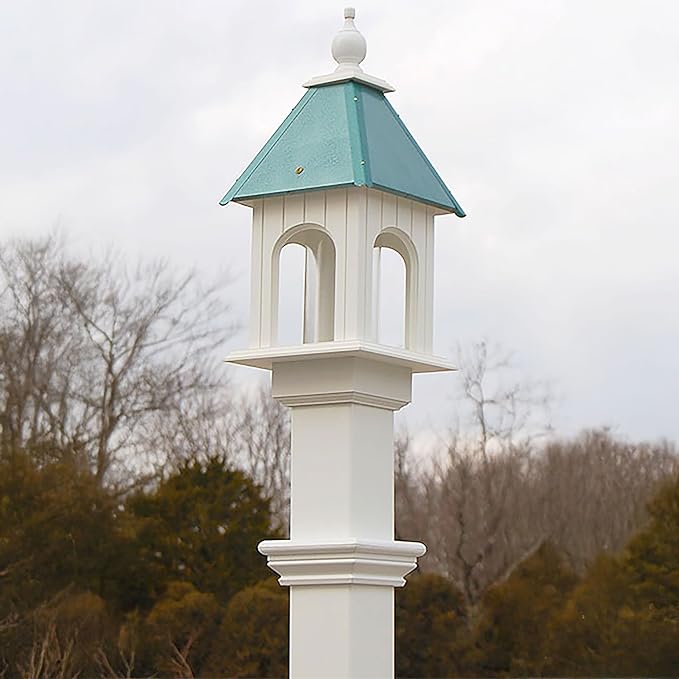 Camellia Bird Feeder with Decorative Mounting Post – Verdigris Roof, 2-Quart Capacity, White PVC Feeder & Vinyl Post with Ground Anchor for Garden, Yard & Backyard Birding