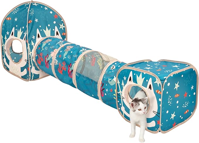 Kitty City Ocean-Themed Cat Play Furniture Set, Collapsible Pop-Up Cat Toys Combo with Cube, Tunnel & House, Indoor Cat Playground for Play, Hiding & Lounging