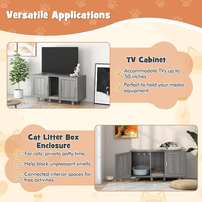 Giantex Cat Litter Box Enclosure - Cat Washroom Hidden Furniture, 2 Storage Cabinets, Removable Cat Scratcher, Air Vents, Detachable Legs, Wood Pet Crate Indoor Cat House TV Stand (Gray)