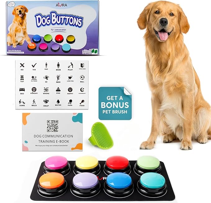 A-URA Dog Buttons for Communication with Mat, HD Sound Quality Dog Talking Button Set – Non-Slip Back Mat, Dog Buttons Talk for Training, Pet Talking Buttons for Dog (Pack of 8)