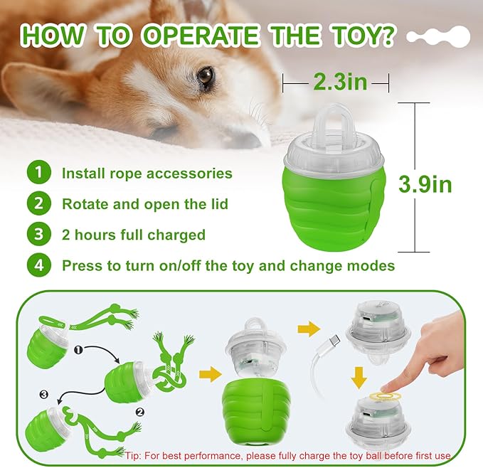 Interactive Dog Toy, [Newly Upgraded] Motion Activated Rolling Ball for Small Dogs, Automatic Moving Dogs Ball for Boredom, USB Rechargeable(Green)