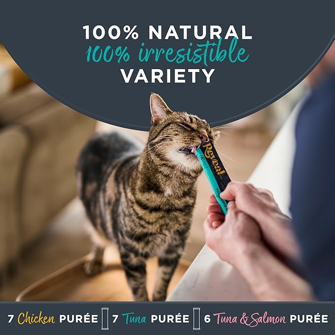 Reveal Natural Creamy Lickable Purée Cat Treats, Grain Free and Made with Limited Ingredients, Variety Selection Squeeze Up Cat Treats (20 x 0.5 oz Pouches)