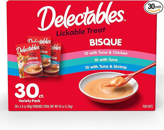 Delectables Lickable Treat Bisque Wet Cat Treat Variety Pack, Food Topper, Hydrating, Grain-Free, No Fillers, No By-Products, No Added Preservatives, 1.4oz Pouch, 30ct