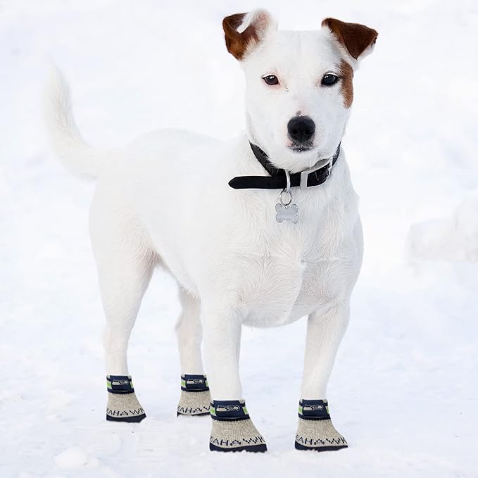 NFL SEATTLE SEAHAWKS Anti Slip Dog Socks with Elastic Ribbed Top, Size X-Small/Small. Indoor/Outdoor Socks, Best Dog Paw Protector, 2 pairs, Cool Puppy Supplies with NFL Logo of SEAHAWKS Football Team
