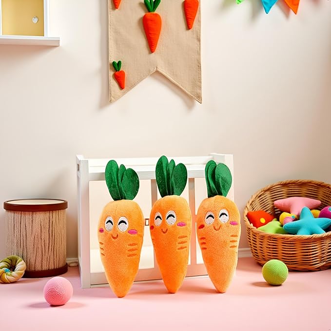 3Pcs Orange Soft Puppy Pet Supplies Cute Carrot Plush Chew Squeaker Sound Squeaky for Dog Cat Birthday Xmas Gifts, Squeak