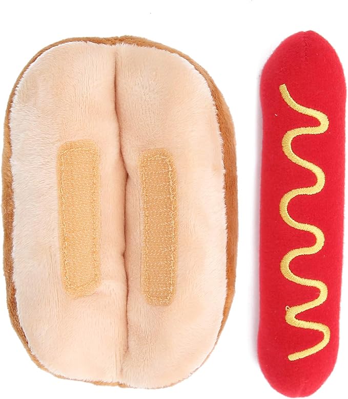 Hot Dog Plush Squeaky Toy for Dogs, Detachable Sausage, Pet Chew Toys for Small Medium Dogs Cats, 5.5 inch
