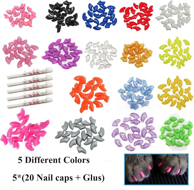 VICTHY Cat Nail Caps, 100pcs Medium Size 5 Colors with Glue and Applicators, Safe for Cat Claw Care, Protect Homes and Furniture, Prevent Scratch Disease, Long-lasting, Skin-friendly