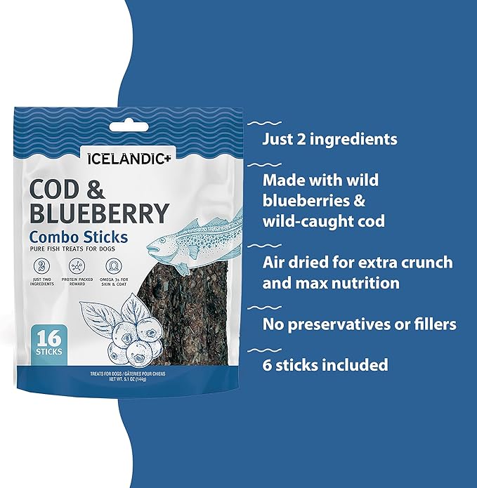 Icelandic+ Combo Sticks: Cod & Blueberry - 16ct, 5.1oz Bag - Dog Treats, 2 Ingredient Pet Snacks, Wild Caught Fish, Slow Baked, Crunchy Natural Chews