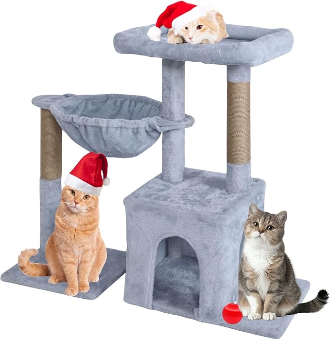 Cat Tree Tower 29.5 inch, Cat Tree for Indoor Cats with Hammock Perch, Small Cat Tower Playhouse Condos, Grey
