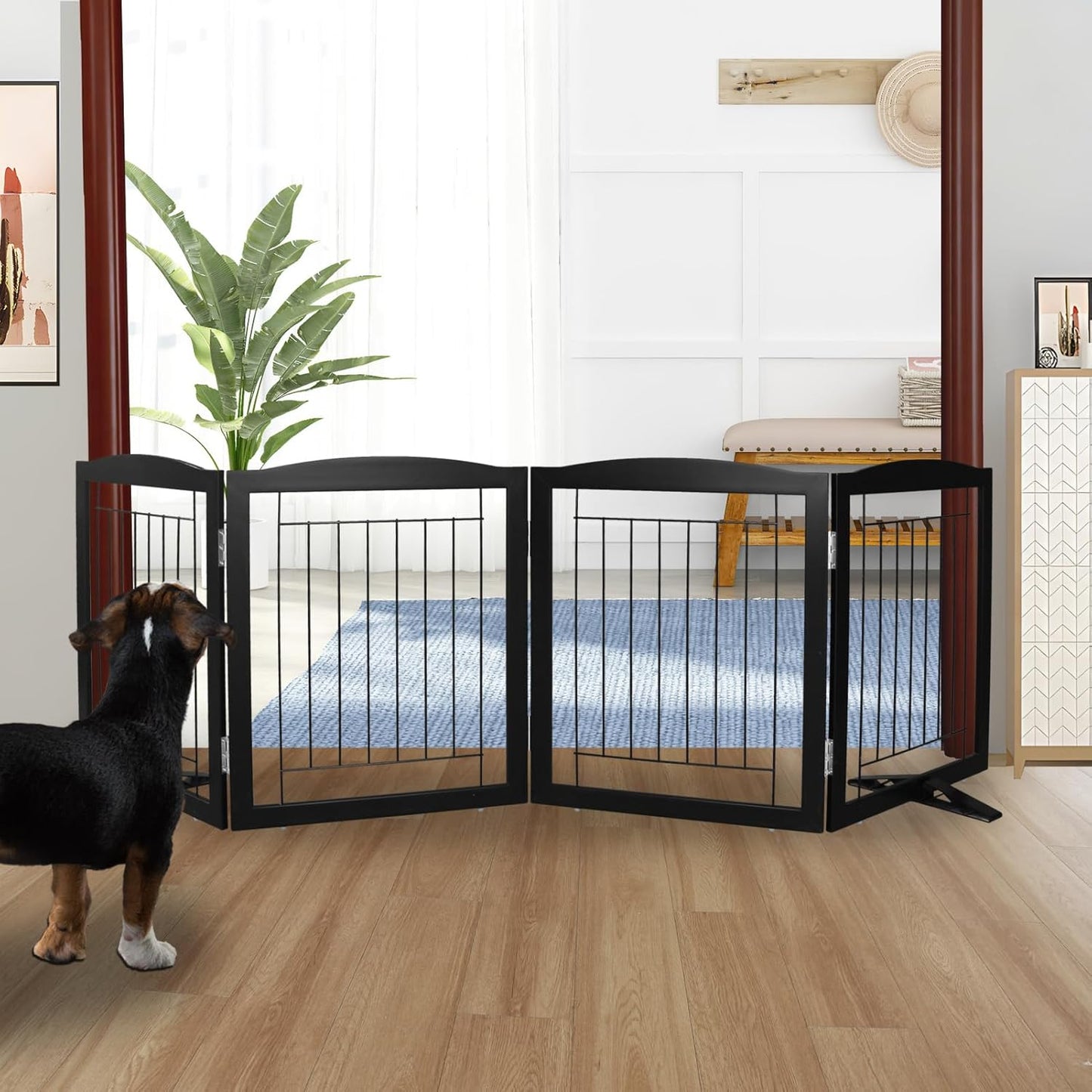 ZJSF Freestanding Dog Fence Indoor, Foldable Dog Gate for Doorways, Stairs or Hallways, Sturdy Wood Extra Wide Pet Gate with Support Feet for The House, Black, 24 "Height-4 Panels
