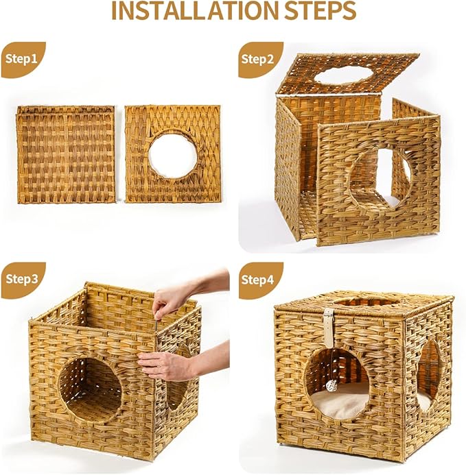 Mewoo Ratten Cat House Condo with Rattan Interactive Hanging Ball Toy *4 & Cotton Cushion, Enclosed Wicker Cat Bed, Wheat