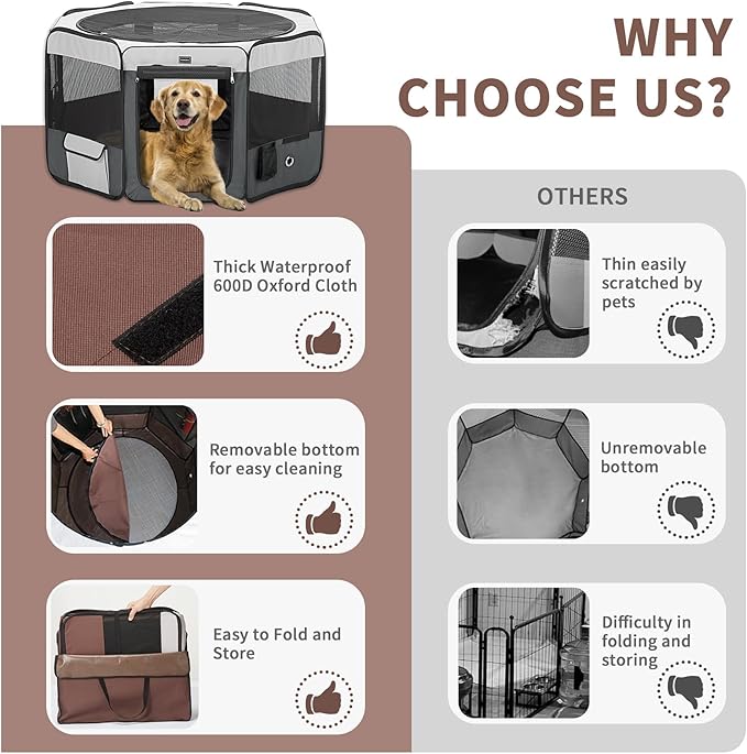 DONORO Dog Playpen Portable Pet Play Pens for Small Dog/Cat/Rabbit/Chicks, Cat Playpen Indoor/Outdoor with Carring Case, Removable Zipper Top and Bottom (Gray, Medium (36"x36"x20"), 8)