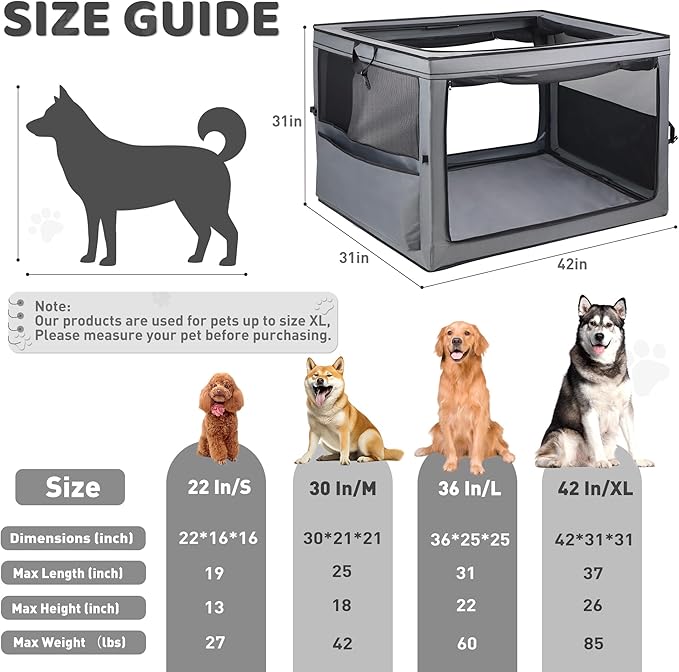 Portable Dog Crate Soft Dog Crate 22",30",36",42" Foldable Basic Dog Crates Easy Set-up, Light, Sturdy, Comfy，Collapsible Crate for Home and Travel (42Inch)