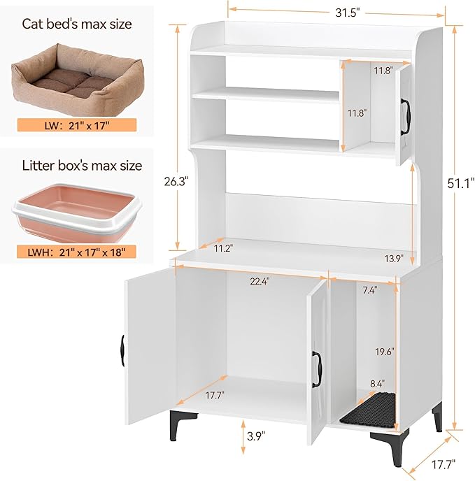 GarveeLife Cat Litter Box Enclosure with Shelves, Litter Box Cabinet, Hidden Cat Box Furniture with Scratching Mat, Wood Sturdy Cat Washroom Storage, Indoor Cat House, White