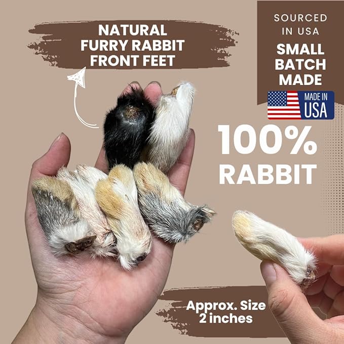 Rabbit Feet for Dogs & Cats - Air Dried Rabbit Feet Dog Treats - Made in USA - Rabbit Front Feet for Cats & Dogs - Whole Rabbit Feet with Fur for Dogs - Rabbit Feet Pet Treats- 24 Count