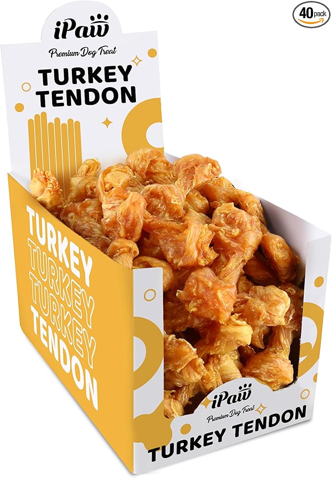 iPaw Turkey Tendon for Dogs 40 Pcs Bulk Pack, Ingredient Sourced from USA, Hypoallergenic, All Natural Human Grade Puppy Chew, Dog Treats for Signature Series, Rawhide Alternative, Bone (Small)