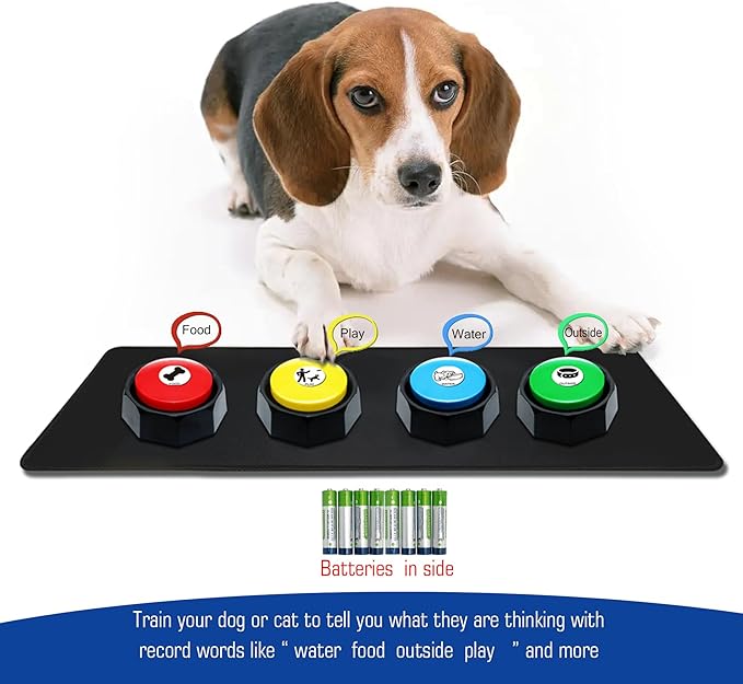 Recordable Buttons, Dog Buttons for Communication, Pack of 4 Colored Buzzers with Mat & 30 Scene Stickers 15 Custom Stickers. Non-Slip Stickers Inside