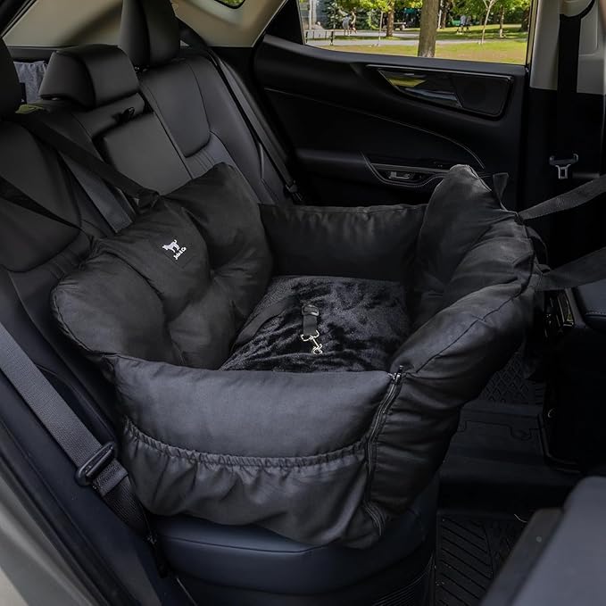 JACKO & CO Premium Dog Car Seat – Safe & Cozy Travel Bed Carrier for Small Dogs, Puppies, Pets, Clip-On Leash, Storage Pockets, Water-Resistant, Machine Wash (Black, Removable - Medium (25-40lbs))
