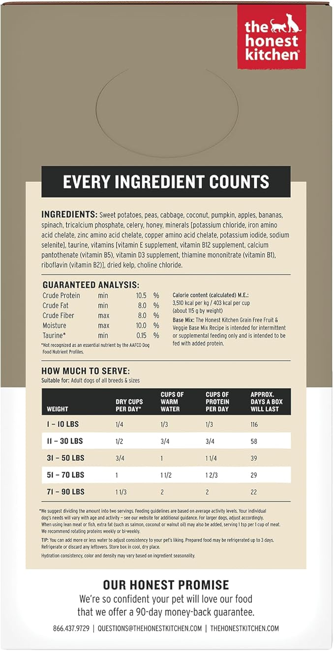 The Honest Kitchen Human Grade Wholemade™ Dehydrated Dog Food, Grain Free Fruit & Veggie Base Mix Dog Food (Just Add Protein), 3 lb Bag