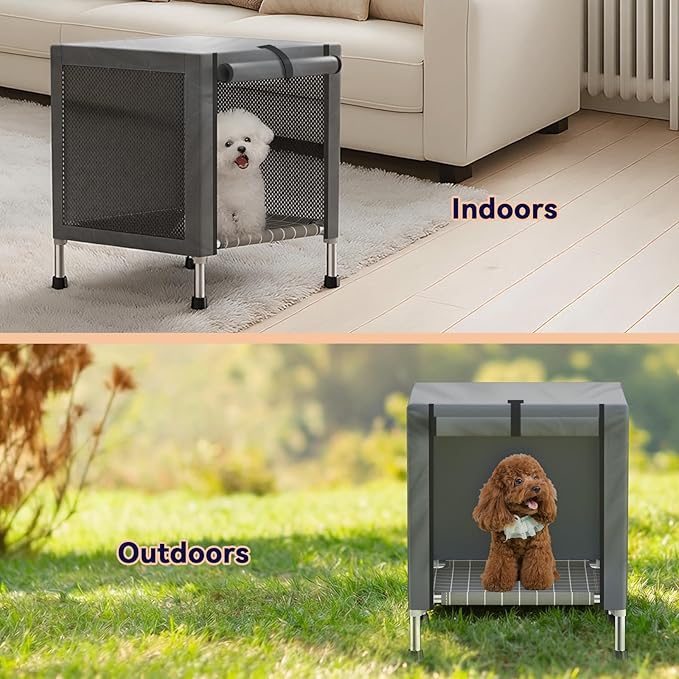 Small Stainless Steel Elevated Dog Crate with Cover, 2-in-1 Indoor & Outdoor Raised Pet House, Rust-Proof Dog Kennel with Silicone Anti-Slip Feet, Tool-Free Assembly