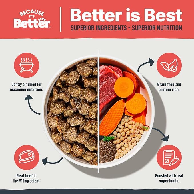Because It’s Better Slow Baked & Air Dried Dog Food - Real Beef & Veggies - Complete & Balanced Dry Dog Food - Grain Free, High Protein, Natural Nutrition for All Life Stages, 3 lb Bag