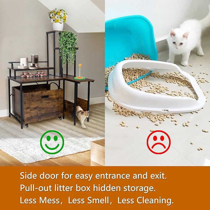 IDEALHOUSE 2024 New Hidden Litter Box Furniture - Cat Litter Box Enclosure Furniture with Flower Stand, Pullable Carring Tray, Coner Plant Stand, Corner Wooden Cat Washroom