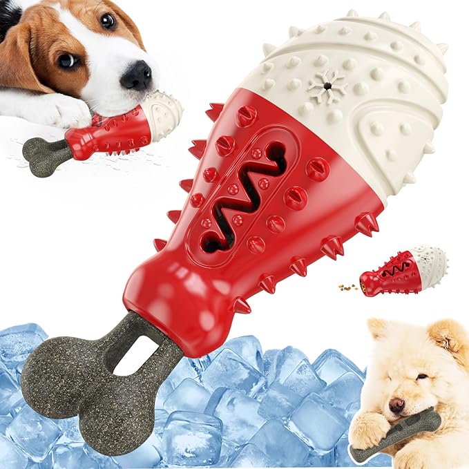 Natural Coffee Wood Dog Toy - Cooling Freezable TPR Teething Chew & Treat Dispensing Enrichment Toy - Sustainable for Small Medium Large Breeds (Red)