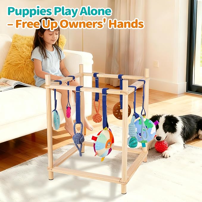 Wooden Puppy Play Gym for Small Dogs, Puppy Jungle Gym with 8 Hanging Toys, Wood Frame Indoor Puppy Gym with Dog Enrichment Toys for Puppies and Small Pets