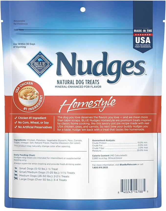Blue Buffalo Nudges Homestyle Natural Dog Treats Made with Real Chicken, Made in the USA, Chicken, 10-oz Bag (Pack of 6)