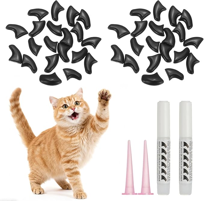 Cat Nail Caps, Cat Claw Covers with Adhesive Glue and Applicators, Kitten Claw Caps Soft Paws, (40 Pcs, XS, Black), Intended for Pet Tips/Nail Covers/Control Paws
