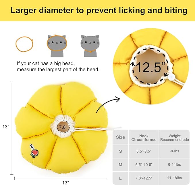 HiDREAM Cat Cone Collar,Cute Waterproof Elizabethan e Collar for Cats,Anti-Bite Lick Wound Healing Safety Cat Recovery Collar,Yellow Flower All-Season Style