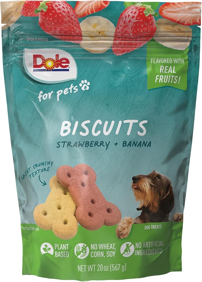 Dole for Pets Freshly Fetched Dog Biscuits, Banana and Strawberry Flavor Dog Treats, Made with Real Fruit, No Wheat Corn Soy Artificial Flavors or Preservatives, 20 Oz