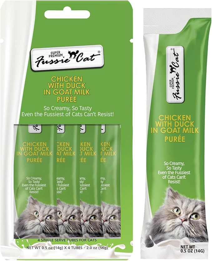 Fussie Cat Premium Puree Lickable Cat Treats in Goat Milk, Chicken Variety Pack, 3 Packs of 4-0.5oz Tubes (12 Total Tubes) + Lid