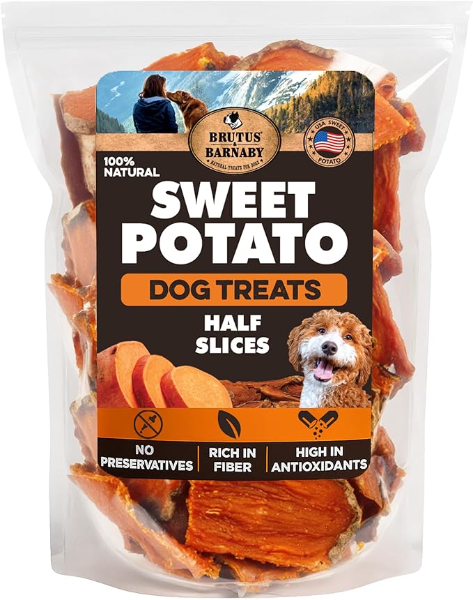 BRUTUS & BARNABY Sweet Potato Dog Treats - Dehydrated Half Slices for Dogs 8 oz - Single Ingredient, Grain Free, Natural Dog Chews, Made in USA